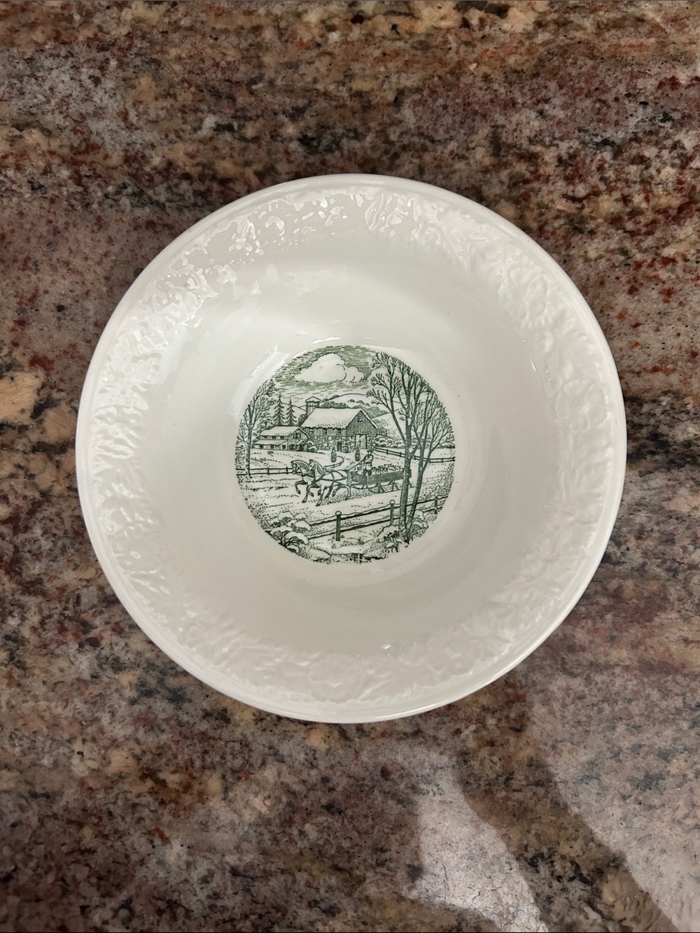 Vintage Homer Laughlin Ceramic Serving Bowl w/Green Winter Countryside Scene